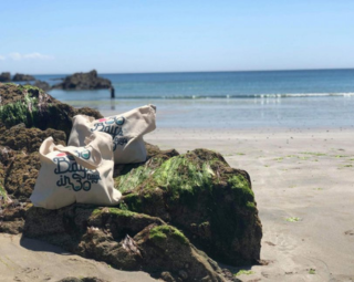 2 branded bags on a rock at the beach